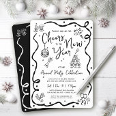 Black White New Year Cheer Hand Drawn Doodle Party Kaart