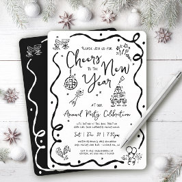 Black White New Year Cheer Hand Drawn Doodle Party Kaart