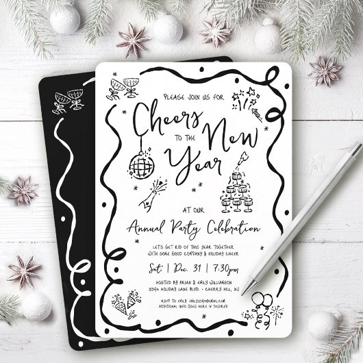 Black White New Year Cheer Hand Drawn Doodle Party Kaart