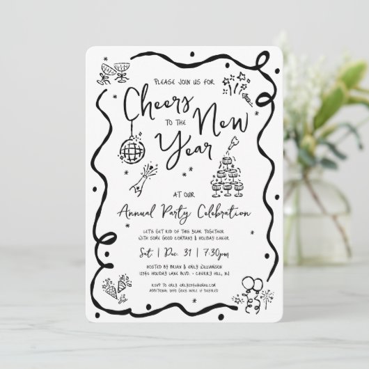 Black White New Year Cheer Hand Drawn Doodle Party Kaart (Staand voorkant)