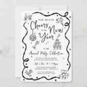 Black White New Year Cheer Hand Drawn Doodle Party Kaart (Voorkant)