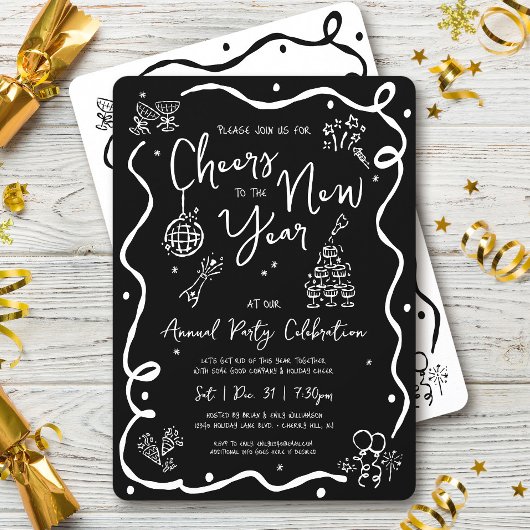 Black White New Year Cheer Hand Drawn Sketch Party Kaart