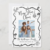 Black White New Year Cheer Photo Hand Drawn Doodle Feestdagenkaart (Voorkant)