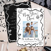Black White New Year Cheer Photo Hand Drawn Doodle Feestdagenkaart