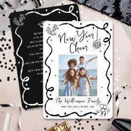 Black White New Year Cheer Photo Hand Drawn Doodle Feestdagenkaart