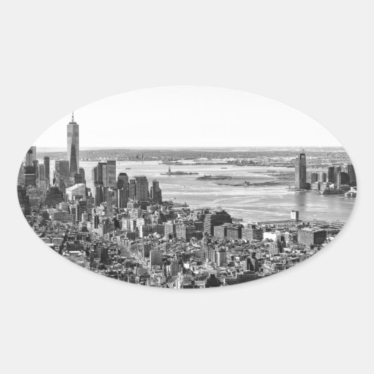 Black White New York City Skyline Ovale Sticker (Voorkant)