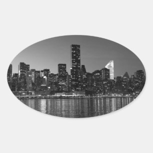 Black White New York City Skyscapers Silhouette Ovale Sticker