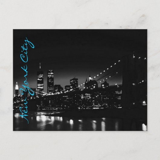 Black White New York Night Blue Script Briefkaart (Voorkant)