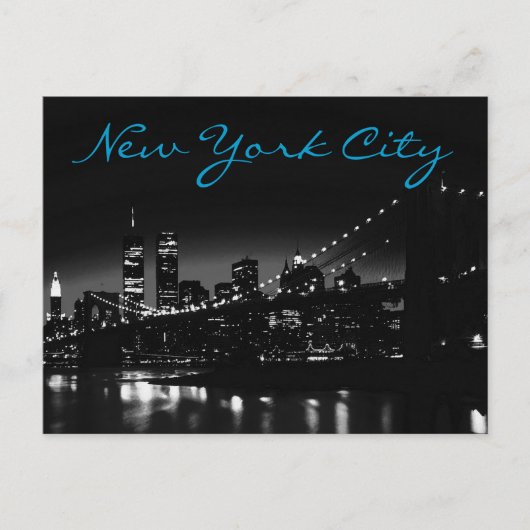 Black White New York Night Blue Script Briefkaart (Voorkant)