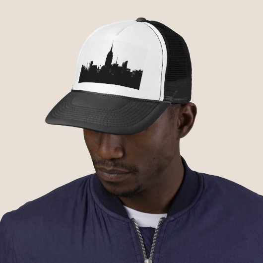 Black White New York Silhouette Trucker Pet (In situ)