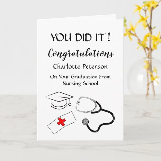 Black & White Nurse Afstuderen gefeliciteerd Kaart (Gele Bloem)