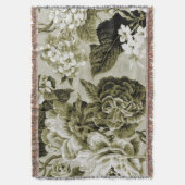 Black White Olive Green Tone Floral Toile Deken (Voorkant Verticaal)