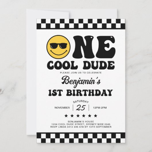Black White One Cool Dude Boy 1e verjaardagsfeestj Kaart (Voorkant)