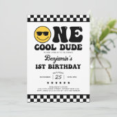 Black White One Cool Dude Boy 1e verjaardagsfeestj Kaart (Staand voorkant)