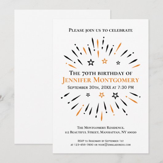 Black White Oranje 70th Birthday Party Fireworks Kaart (Voorkant / Achterkant)
