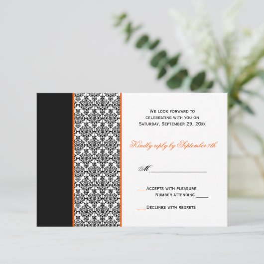 Black White Oranje Damask RSVP-kaart RSVP Kaartje (Staand voorkant)
