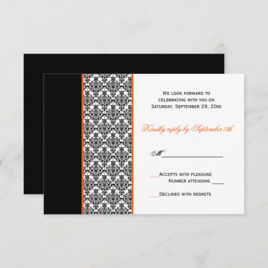 Black White Oranje Damask RSVP-kaart RSVP Kaartje (Voorkant / Achterkant)