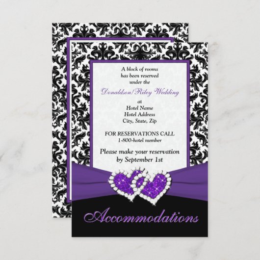 Black White Paars Damask Hearts Enclosure Card Informatiekaartje (Voorkant / Achterkant)