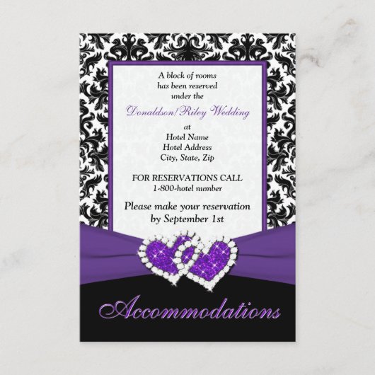 Black White Paars Damask Hearts Enclosure Card Informatiekaartje (Voorkant)