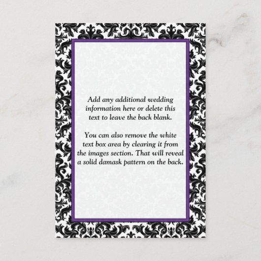 Black White Paars Damask Hearts Enclosure Card Informatiekaartje (Achterkant)
