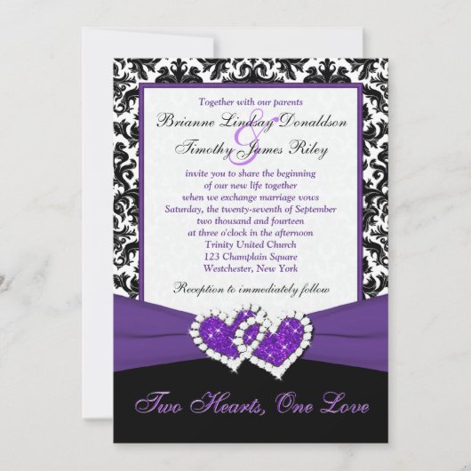 Black White Paars Damask Hearts Wedding Invite Kaart (Voorkant)