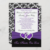 Black White Paars Damask Hearts Wedding Invite Kaart (Voorkant / Achterkant)