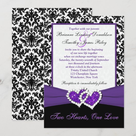 Black White Paars Damask Hearts Wedding Invite Kaart (Voorkant / Achterkant)