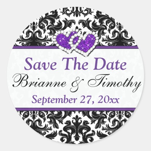 Black White Paars Damask slaat de Date Sticker op (Voorkant)