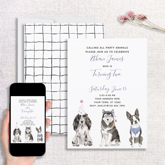 Black White Paars Dog Baby's 2e verjaardag Kaart