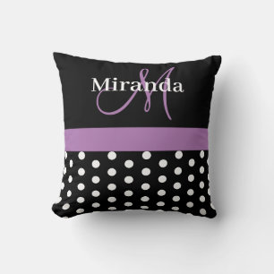 Black White Paars Monogram Script Polka Dots Kussen