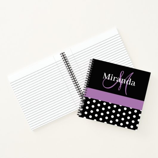 Black White Paars Monogram Script Polka Dots Notitieboek (Binnen)