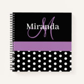 Black White Paars Monogram Script Polka Dots Notitieboek (Voorkant)