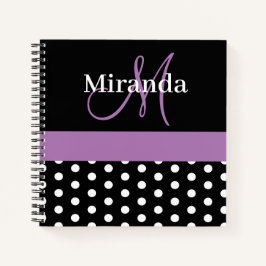 Black White Paars Monogram Script Polka Dots Notitieboek