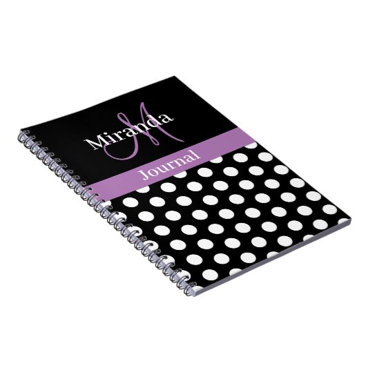 Black White Paars Monogram Script Polka Dots Notitieboek (Rechterzijde)