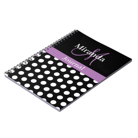 Black White Paars Monogram Script Polka Dots Notitieboek (Linkerzijde)