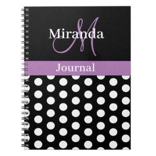 Black White Paars Monogram Script Polka Dots Notitieboek