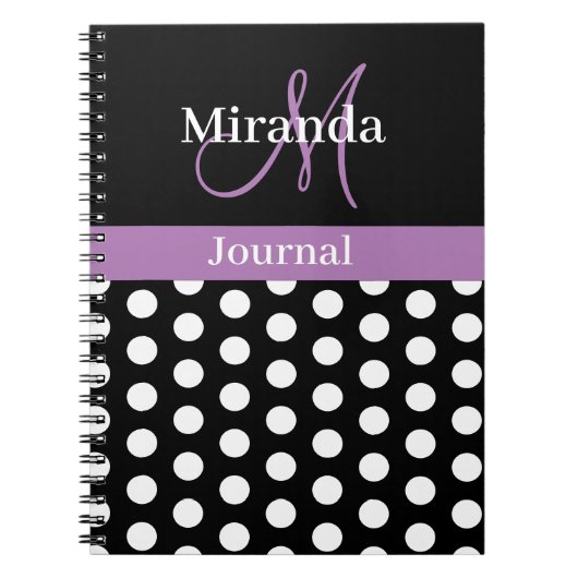 Black White Paars Monogram Script Polka Dots Notitieboek (Voorkant)