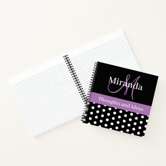 Black White Paars Monogram Script Polka Dots Notitieboek (Binnen)