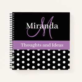 Black White Paars Monogram Script Polka Dots Notitieboek