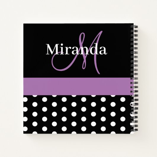 Black White Paars Monogram Script Polka Dots Notitieboek (Achterkant)