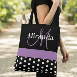 Black White Paars Monogram Script Polka Dots Tote Bag