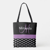 Black White Paars Monogram Script Polka Dots Tote Bag (Achterkant)