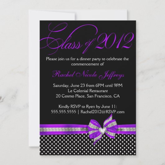 Black White Paars Polka Dot Afstuderen Invitation Kaart (Voorkant)