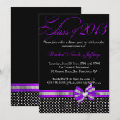 Black White Paars Polka Dot Afstuderen Invitation Kaart (Voorkant / Achterkant)