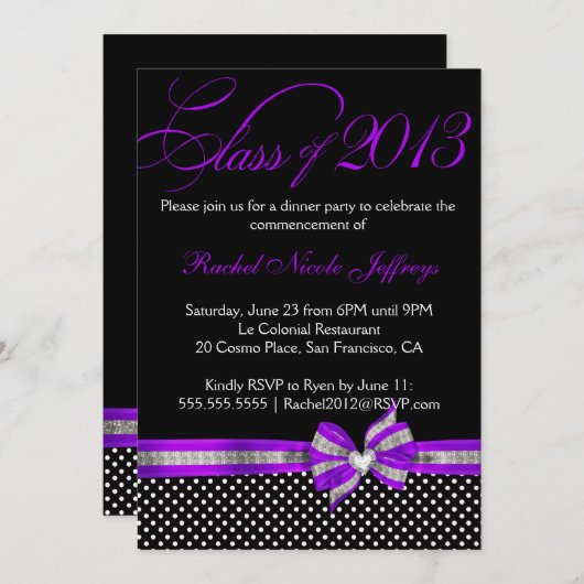 Black White Paars Polka Dot Afstuderen Invitation Kaart (Voorkant / Achterkant)