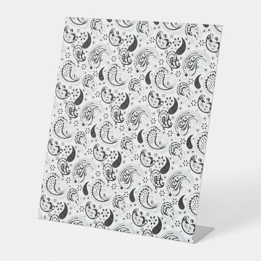 Black & White Paisley Pattern –Elegant Textile Art Reclamebord Met Voetstuk (Voorkant)