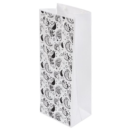 Black & White Paisley Pattern –Elegant Textile Art Wijn Cadeautas (Achterkant Gekanteld)