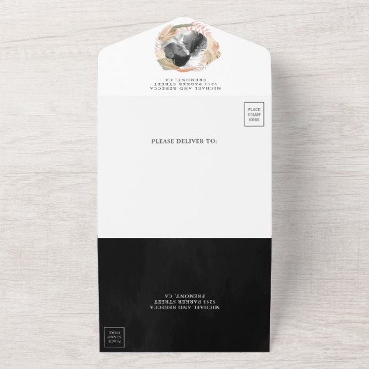 Black White Pampas Grass Dried Palm Leaves Wedding All In One Uitnodiging (Buitenkant)