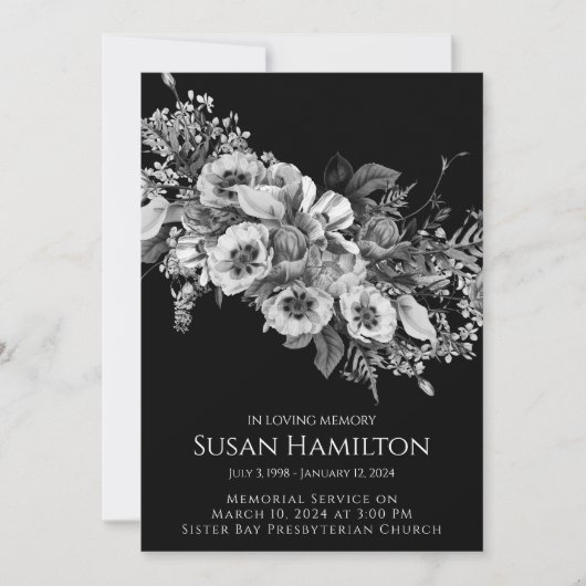 Black & White Pansy Uitvaart Memorial Aankondiging (Voorkant)