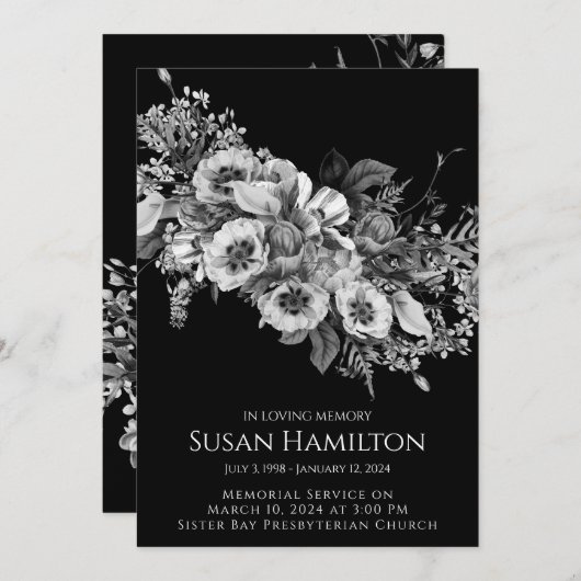 Black & White Pansy Uitvaart Memorial Aankondiging (Voorkant / Achterkant)